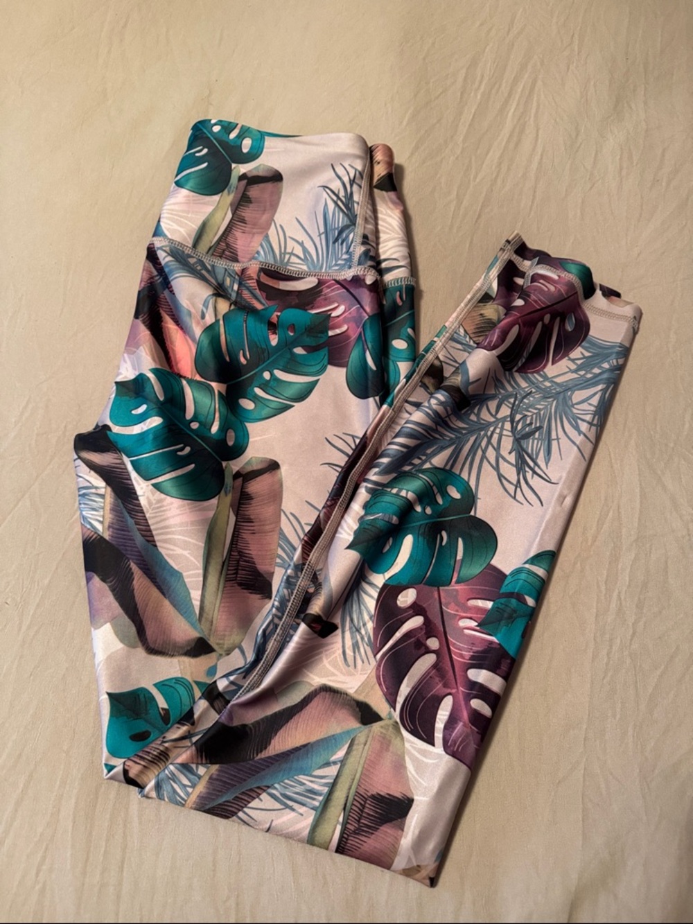 Tropical Leaf Print Leggings for Women - Teal & Purple